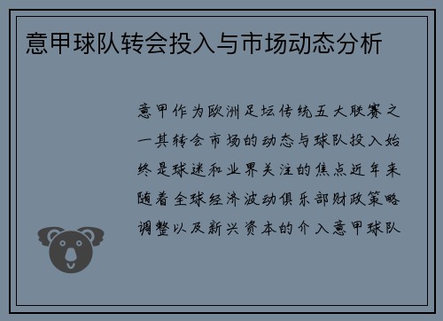 意甲球队转会投入与市场动态分析
